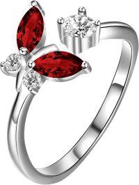 wholesale  925 Sterling Silver Ruby Red Crystal Dancing Butterfly Adjustable Open Ring, Elegant Sparkly Unique Gift for Women-Red