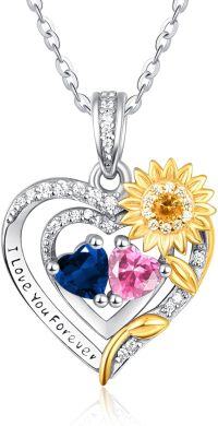 wholesale Sterling Silver 2 Birthstones Sunflower Heart Necklace for Women-09-10-Sept-Oct