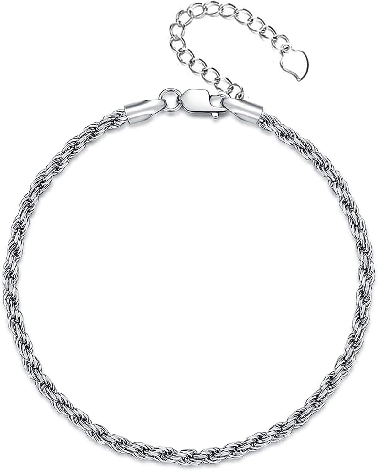 Sterling Silver Rope Chain Bracelet 2mm 4mm Lobster Clasp Italy 6 5 8 -6.5 Inches Modern