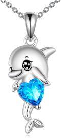 wholesale Silver Metal Cubic Zirconia Blue Crystal Dolphin Necklace for Women Girls Gifts Jewelry Accessories 925 Sterling Silver Chain Charm Pendants Necklaces Valentine's Day Birthday Christmas Present Ideas-0-0