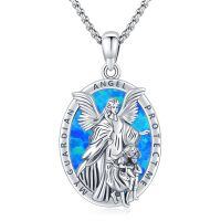 wholesale 925 Sterling Silver Guardian Angel Pendant Necklace Wholesale With Blue Enamel Inlay And Child Motif-Style D-Guardian Angel