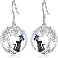 wholesale 925 Sterling Silver Cat Tree of Life Dangle Drop Earrings for Women Gifts-Tree of Life\/Black Cat Earrings