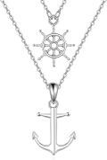 wholesale 925 Sterling Silver Layered Ship Wheel & Anchor Pendant Necklaces Set for Women Girls Nautical Ocean Theme Gifts Jewelry 48cm Chain Length (Silver Tone)-0-0