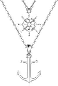 wholesale 925 Sterling Silver Layered Ship Wheel & Anchor Pendant Necklaces Set for Women Girls Nautical Ocean Theme Gifts Jewelry 48cm Chain Length (Silver Tone)-Anchor And Rudder