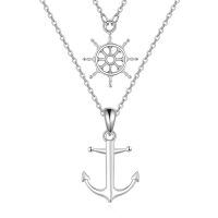 wholesale 925 Sterling Silver Layered Ship Wheel & Anchor Pendant Necklaces Set for Women Girls Nautical Ocean Theme Gifts Jewelry 48cm Chain Length (Silver Tone)-Anchor And Rudder