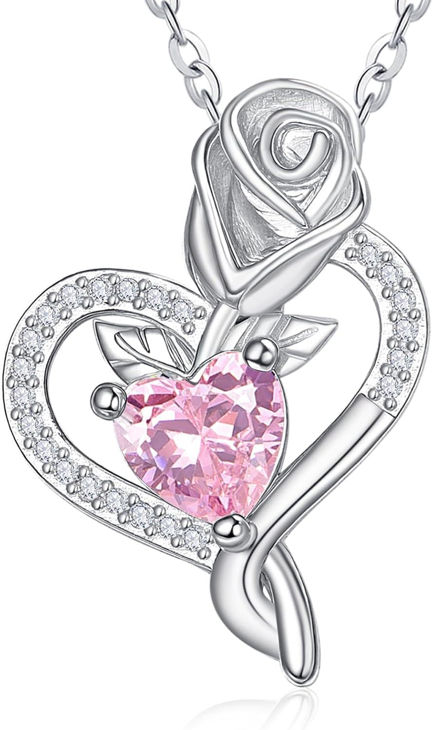 Sterling Silver Birthstone Heart Pendant Necklace for Women-10-Oct