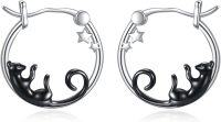 wholesale 925 Sterling Silver Star and Cat Design Hoop Earrings for Women Girls -Black Cat Star Hoop Earrings