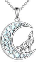 wholesale 925 Sterling Silver Crescent Moon Pendant with Howling Wolf and Pentagram Design Necklace-0-0