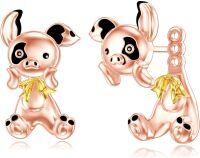 wholesale Sterling Silver Animal Stud Earrings Cute Axolotl Cow Pig Koala Frog Bulldog Panda Highland Cow Bee Cat for Women Christmas Birthday-01-Adjustable Pig