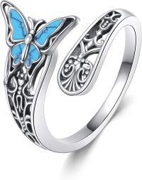 wholesale 925 Sterling Silver & Turquoise Adjustable Butterfly Ring – Boho Elegant Open Band, Hypoallergenic, Gift for Women-Turquoise Butterfly Spoon Ring