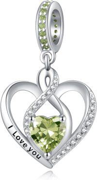 wholesale 925 Sterling Silver Heart Birthstone Charms for Bracelets Jewelry Gifts-Dangle - Aug - Peridot