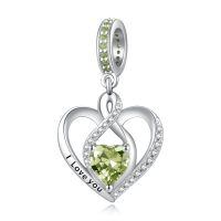 wholesale 925 Sterling Silver Heart Birthstone Charms for Bracelets Jewelry Gifts-Dangle - Aug - Peridot