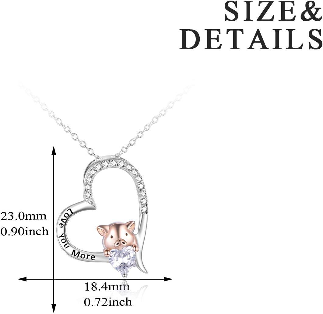 Sterling Silver CZ Pig Pendant Heart Necklace for Women Birthday Gifts-0-4