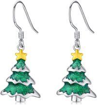 wholesale 925 Sterling Silver Metal Glittery Green Christmas Tree Dangle Earrings with Star Topper - Holiday  for Women-Christmas Tree