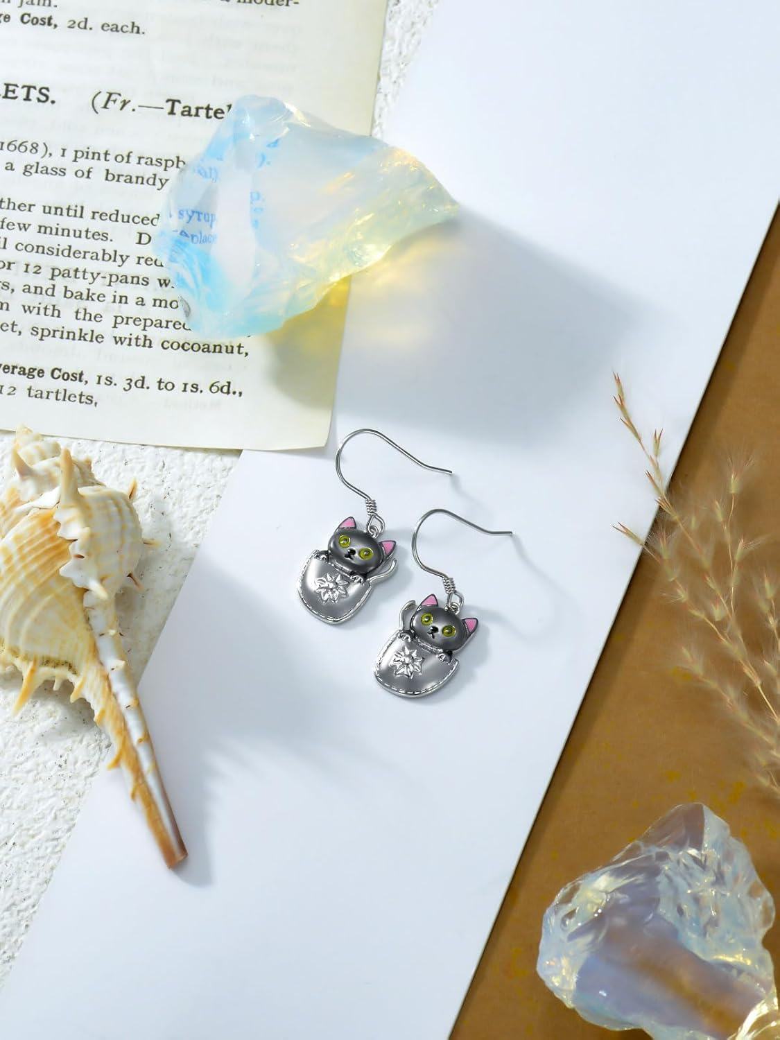wholesale 925 Sterling Silver Black Cat Drop Earrings with Pink Accents and Flower Design-0-4