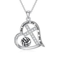 wholesale 925 Sterling Silver Engraved Volleyball Heart Cross Pendant Necklace for Women-Customized Volleyball Necklace-Volleyball