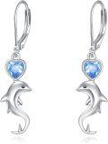 wholesale 925 Sterling Silver Dolphin Heart Drop Earrings with Blue Topaz Stone-0-0