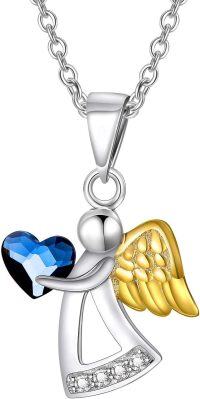 wholesale 925 Sterling Silver Blue Heart & Gold Wings Guardian Angel Pendant Necklace for Women's Birthdays Gifts-Blue