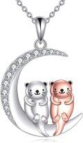 wholesale 925 Sterling Silver Crescent Moon with Two Otters on Chain - Cute Animal Charm Necklaces for Women Girls Gifts-0-0