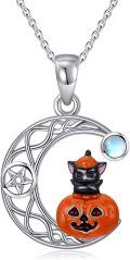 wholesale 925 Sterling Silver Halloween Pumpkin Black Cat Necklace with Blue Stone and Crescent Moon Design-0-0