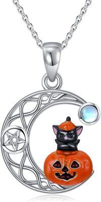 wholesale 925 Sterling Silver Halloween Pumpkin Black Cat Necklace with Blue Stone and Crescent Moon Design-Cat Pumpkin