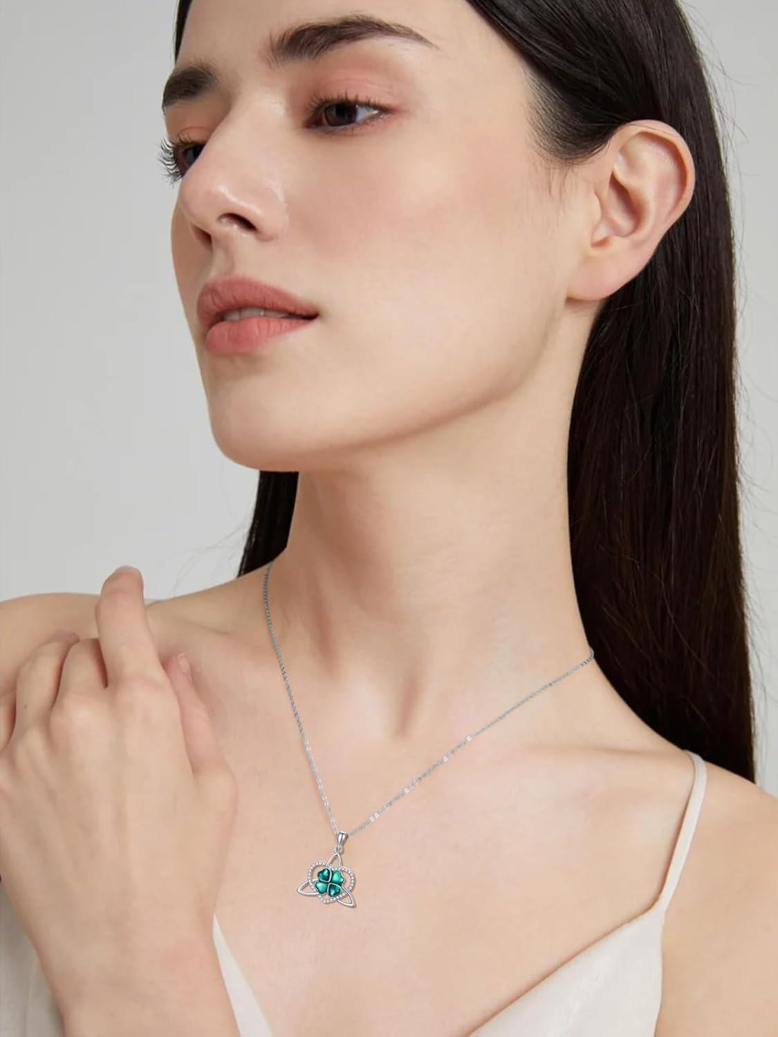 925 Sterling Silver Emerald Green Four-Leaf Clover & Celtic Tree Of Life Pendant Necklace-0-3