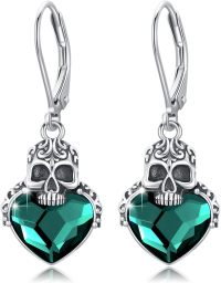 wholesale 925 Sterling Silver Green Heart & Skull Drop Earrings Gothic s for Women-Skull Earrings - Green Crystal