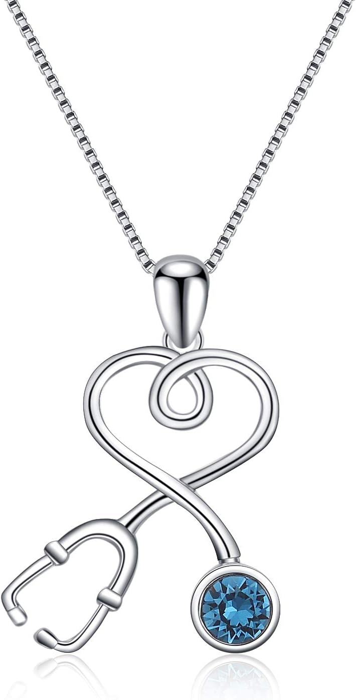 Sterling Silver Stethoscope Necklace w 12 Austria Birthstone Crystals Med Grad Gift-925 Silver - Blue