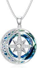 wholesale 925 Sterling Silver Compass & Celestial Elements Pendant Necklace with Blue Crystal and Stars Design-0-0