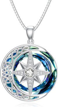 wholesale 925 Sterling Silver Compass & Celestial Elements Pendant Necklace with Blue Crystal and Stars Design-05-North Star Necklace
