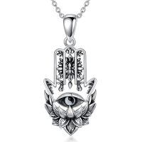 wholesale 925 Sterling Silver Hamsa Hand Evil Eye Lotus Pendant Necklace-Hamsa Lotus