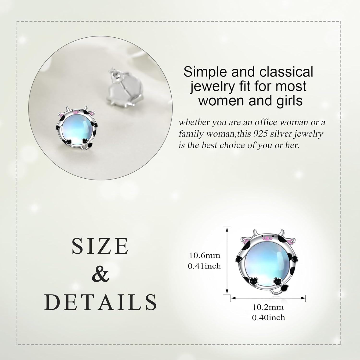 Sterling Silver Moonstone Cat Panda Fox Cow Owl Stud Earrings for Women-0-3