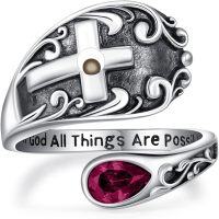 wholesale 925 Sterling Silver with 12 Teardrop Birthstones Vintage Cross Spoon Ring With God All Things Possible Adjustable Faith Ring-July