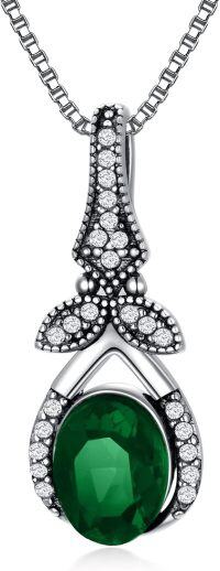 wholesale Sterling Silver Crystal Vintage Necklace 925 Retro Oxidized Dainty Pendant w 8 6 Oval Birthstone Women s Gift-Dark Green