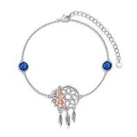 wholesale 925 Sterling Silver Blue Crystal Dreamcatcher Chain Bracelet Wholesale With Pink Flower Accents-A9-September