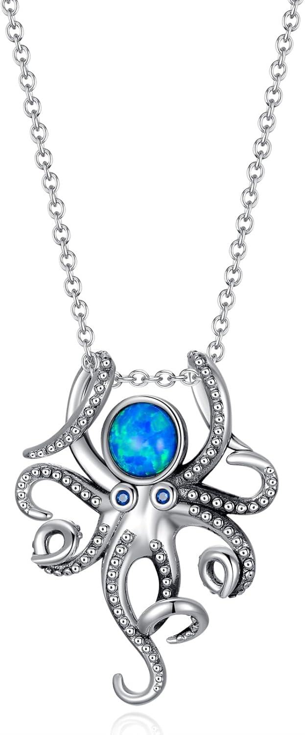 Sterling Silver Gemstone Phoenix Penguin Wolf Fox Highland Cow Hummingbird Frog Sea Turtle Necklace for Women-Octopus Necklace