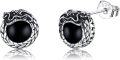 wholesale 925 Sterling Silver Black Onyx Cubic Zirconia Norse Dragon Stud Earrings with VegvÃ­sir and Celtic Knot Design-0-0