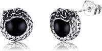 wholesale 925 Sterling Silver Black Onyx Cubic Zirconia Norse Dragon Stud Earrings with VegvÃ­sir and Celtic Knot Design-viking dragon