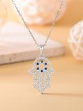 wholesale 925 Sterling Silver Blue Sapphire & Cubic Zirconia Hamsa Hand Pendant Necklace with Chain 36 Length-0-2