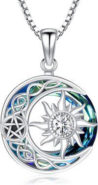 wholesale 925 Sterling Silver Blue Crystal Sun Moon Necklace Women Birthstone Celtic Pendant Jewelry Gifts-04 Apr