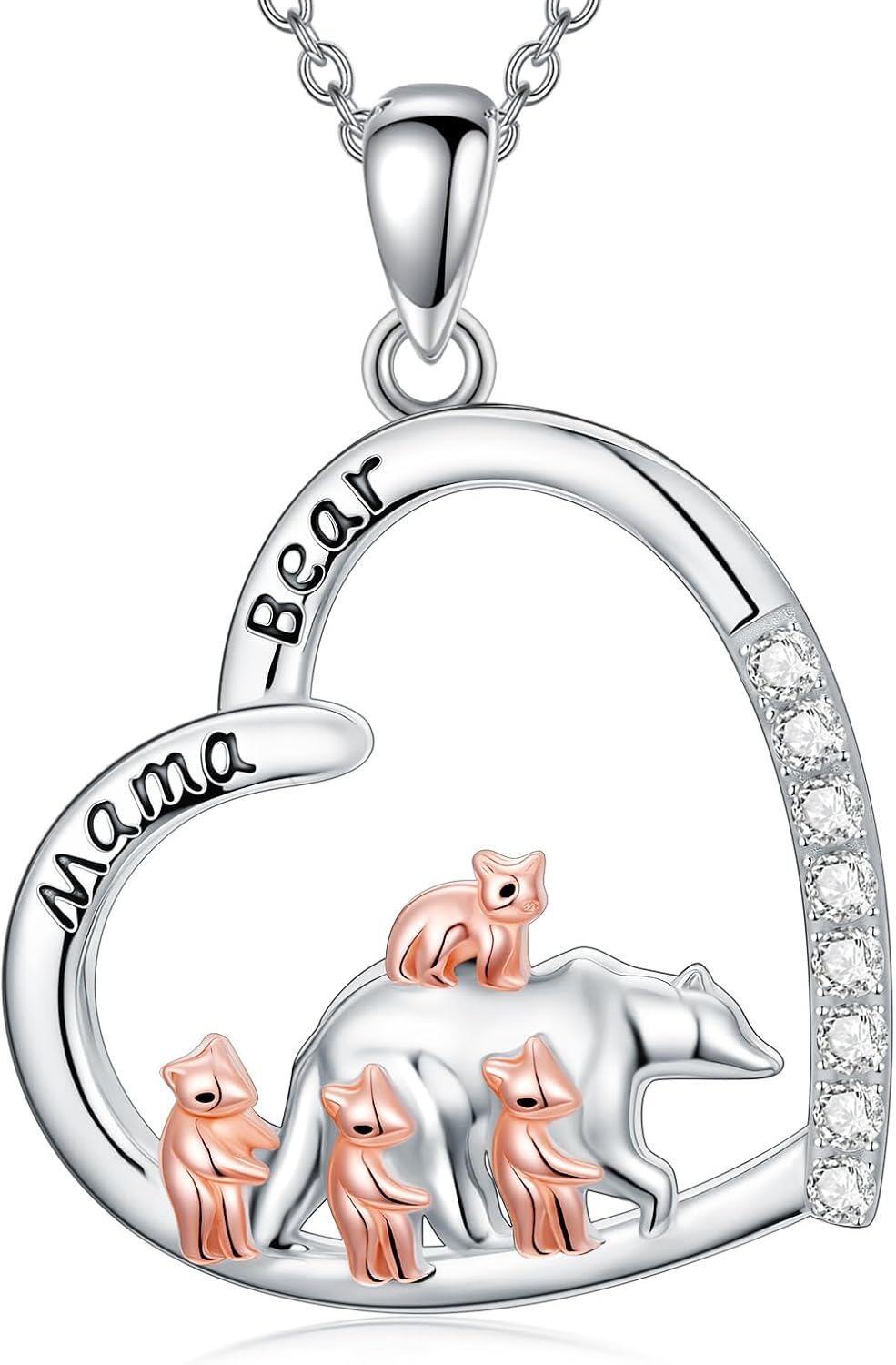 925 Sterling Silver Mama Bear Family Pendant Necklace with Cub Cubs Love Heart Charm  for Women Girls-0-0
