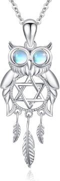 wholesale 925 Sterling Silver Owl Dreamcatcher Pendant Necklace with Moonstone and Star of David Charm for Women's Anniversary Gift-0-0
