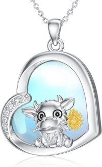 wholesale 925 Sterling Silver Moonstone Highland Cow Pendant Necklace with Sunflower Charm-cow
