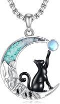 wholesale 925 Sterling Silver Cat on Turquoise Crescent Moon with Blue Stone Pendant Necklace-0-0