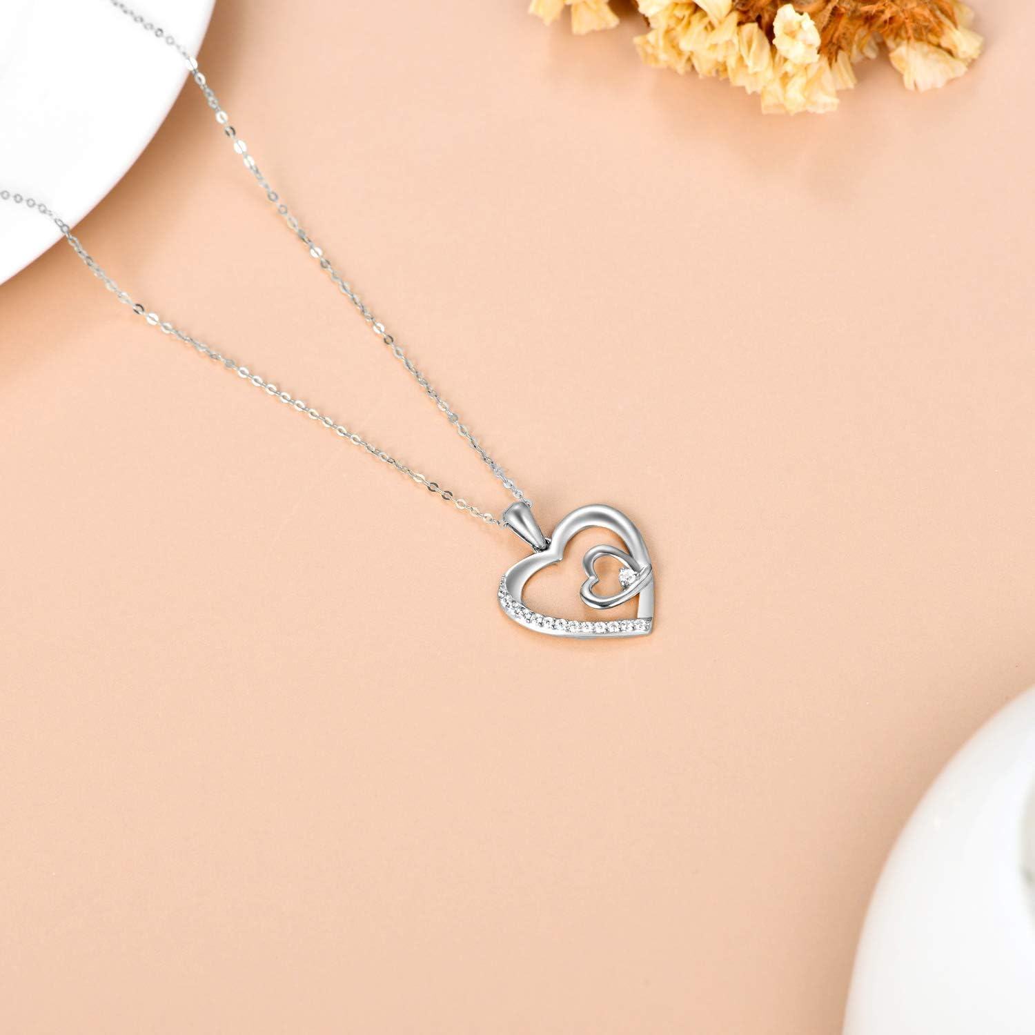 Solid 925 Sterling Silver Double Heart Pendant with Cubic Zirconia - Romantic  for Women-0-2