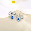 wholesale 925 Sterling Silver 925 Blue Teardrop & Red Round Stone Clover Bow Dangle Drop Earrings for Women-0-1