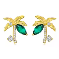 wholesale Gold Plated Palm Tree Green Crystal Stud Earrings Wholesale for Women 925 Sterling Silver  Set-Palm Tree