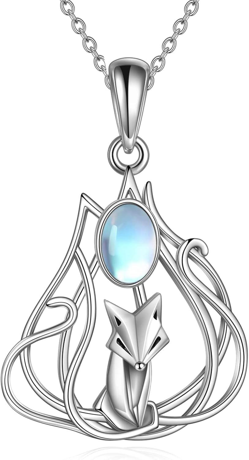 Sterling Silver Gemstone Phoenix Penguin Wolf Fox Highland Cow Hummingbird Frog Sea Turtle Necklace for Women-Fox Necklace-moonstone
