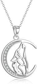 wholesale 925 Sterling Silver CZ Howling Wolf in Crescent Moon Pendant Necklace for Women Girls -0-0
