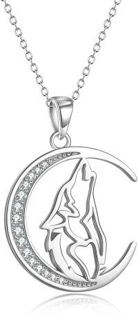 wholesale 925 Sterling Silver CZ Howling Wolf in Crescent Moon Pendant Necklace for Women Girls -Crescent Moon Wolf Necklace